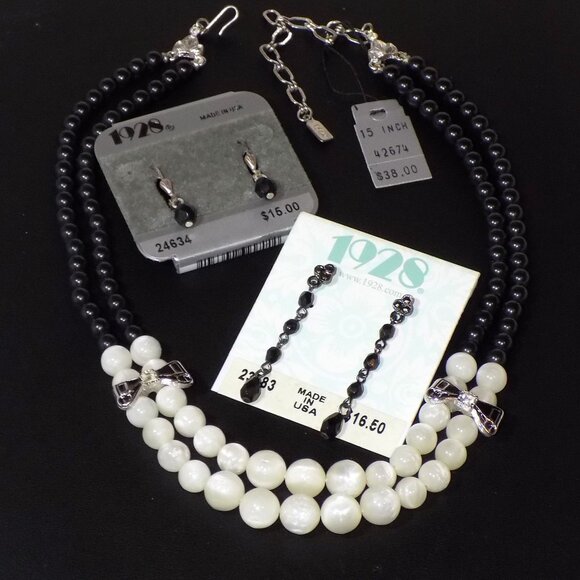 1928 Jewelry - Lot of 3 New Old Stock 1928 Beaded Jewelry Bundle.  Necklace & 2 Pairs Earrings